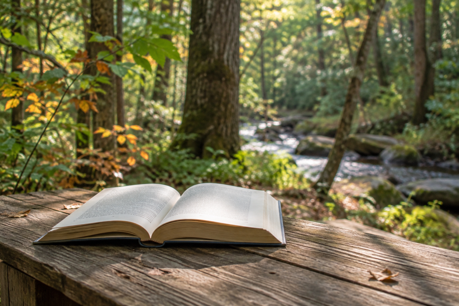 An open book on a wooden table surrounded by a quiet forest.